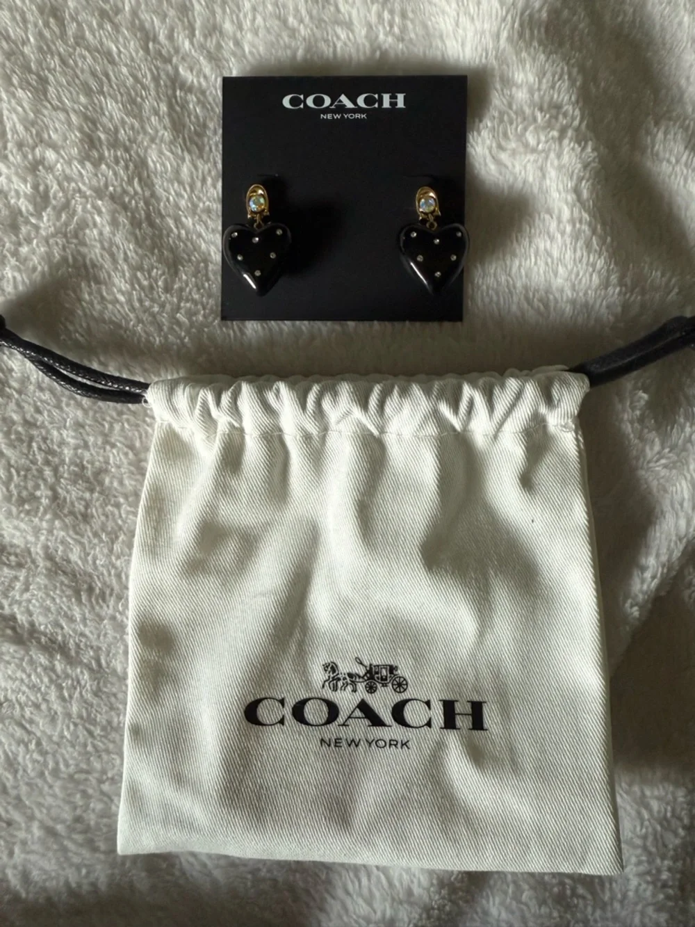 Coach Black Heart Drop Earrings with Gold Studs and ring - Picture 2 of 5
